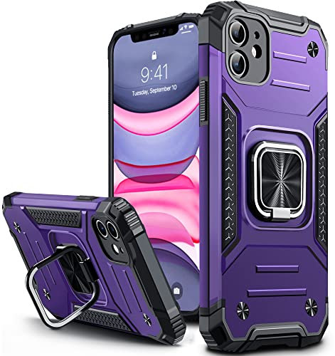 Vakoo für iPhone 11 Hülle, Militär Stoßfest Handyhülle mit 360 Grad Metal Ring Halter Ständer Schutzhülle (6,1 Zoll), Violett