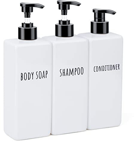 Segbeauty Dispenser Ricaricabile Bianco, 3 Pezzi 500ml Dosatori per Sapone Liquido in Plastica, Distributore Quadrato con Adesivi, Flacone di Shampoo Condizionatore, per Bagno
