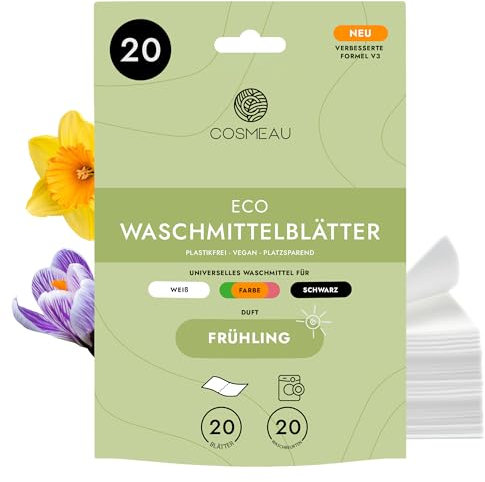Cosmeau Waschmittel Blätter Frühlingsfrisch - bis zu 20 Waschgänge (20 Blätter) - Nachhaltiges Waschmittel für Weiß, Farbe und Schwarz - Plastikfrei, Abbaubar & Perfektes Reisewaschmittel