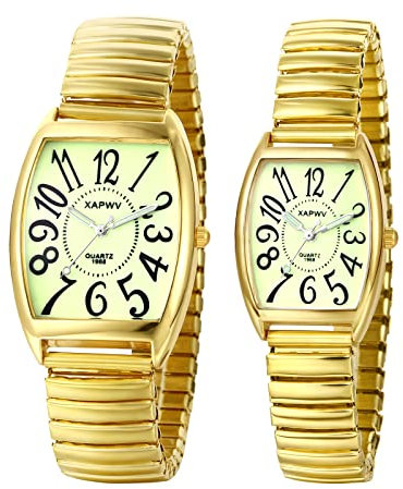 JewelryWe Paar Uhren Analog Quarz Pärchen Armbanduhr Klassisch Rechteckig Elastisch Legierung Armband Partner Freundschafts Uhr mit grünem großen Digital Zifferblatt Gold