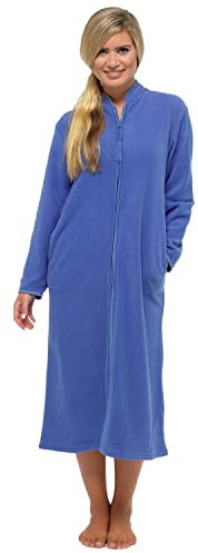 Vestaglia lunga da donna in morbido pile, taglie dalla 42 alla 54, con tasche frontali con cerniera, Blu, 18-20