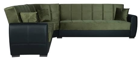 Dmora - Schlafsofa mit Halbinsel Matias, Ecksofa mit Stauraum aus Kunstleder und Stoff, Sofa mit klick-Klack-Öffnung, 305 x 238 x 91 cm, Schwarz und Grün