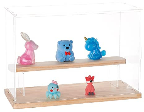 FINGERINSPIRE 2 Stöckige Vitrine Aus Durchsichtigem Acryl Für Sammlerstücke 32x12x21.2 cm Große Acrylbox Mit Holzsockel, Staubdichte Vitrinenbox Für Minifiguren, Puppe, Actionfiguren