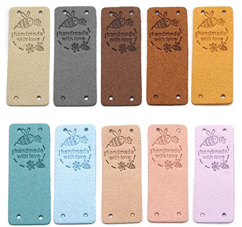 Franchity 50 StüCk Handgefertigt Etikett HäNgende Etiketten für Handmade mit Love Etikett Leder Etikette für Kleidung Geschenke NäHen ZubehöR