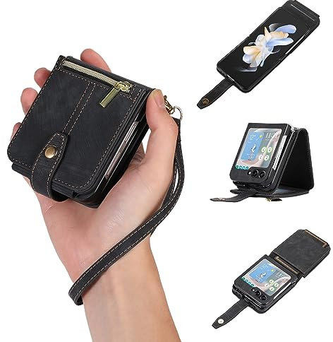 UEEBAI Custodia per Samsung Galaxy Z Flip 5 5G, 3 scomparti per carte di credito, stile retrò, in pelle, antiurto, con cinturino da polso, con chiusura lampo, chiusura magnetica, colore nero