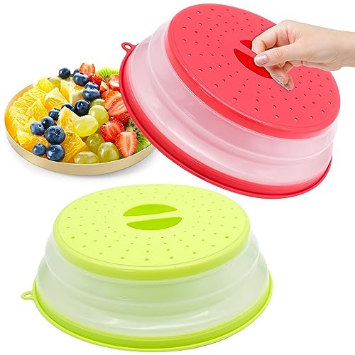 2 Pieces Microwave Cover, Foldable Microwave Splatter Guard with Ventilation holes, Microwave Cover for Food, Colander Basket for Fruit and Vegetable