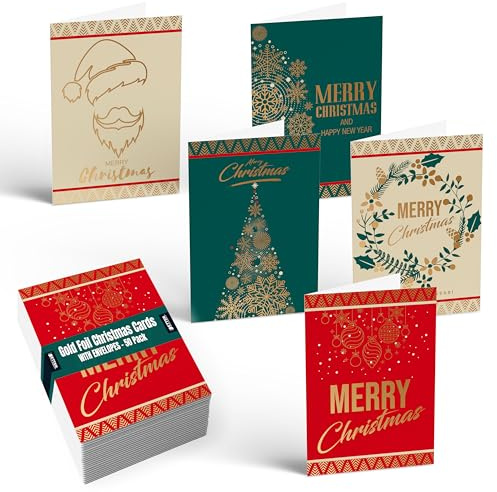 Better Office Products Weihnachtskarten Karte mit ikonischen Bildern aus Goldfolie, 12,7 x 17,8 cm, Hochglanz, Goldfolie innen, mit 50 Umschlägen, 50 Stück