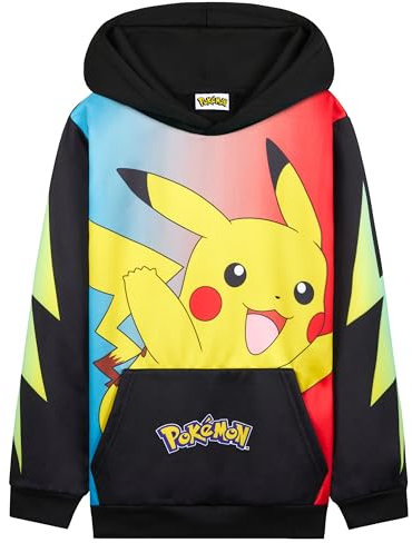 Pokémon Sweat à Capuche Garçon Ado, Pull Manga avec Poche Kangourou et Capuche, Pikachu Gengar Charizard Eevee, Cadeau Anime (9-10 Ans, Noir/Multi Pikachu)