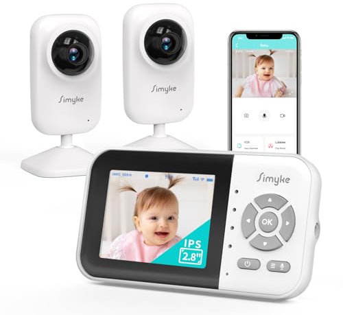 Simyke Smart Baby Monitor mit 2 Kameras und Audio 2.8'' Bildschirm WLAN ON/Off Switch Vision 2-Wege-Gespräch, 1200ft Lange Reichweite Fütterung Uhr Temperatur-Erkennung, tragbare drahtlose Baby Cam