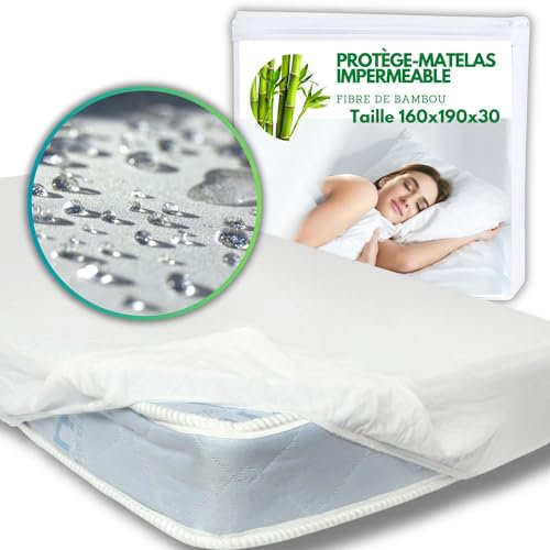 MammaVaiTra Protège-Matelas Imperméable en Bambou pour Lit Double 160x190x30 cm - Compatible avec 160x200x25 cm