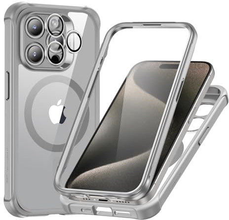 ESR für iPhone 15 Pro Max Hülle, Kompatibel mit MagSafe, 360 Grad Schutzhülle Stoßfest Militärnorm Magnetische Handyhülle mit Kameraschutz, Klares Grau
