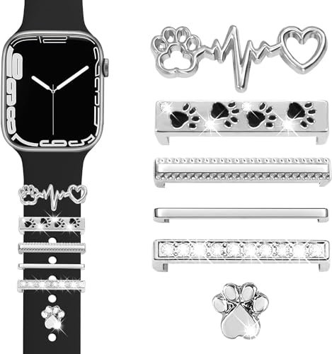 JR.DM 6 Stück Watch Armband Charms mit Glitzernden Ringschlaufen, Kompatibel mit Apple Watch 40 mm 38 mm 41 mm 42 mm 44 mm 45 mm 46mm Metall Dekorative Schmuck für iWatch-Series 10 9 8 7 6 5 4 3 2 1