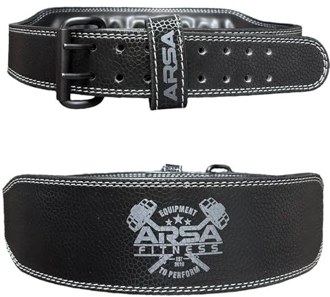 Arsa Fitness Leder-Gewichthebergürtel für Powerlifting, Bodybuilding, Kreuzheben, Kniebeugen, Unterstützung für den unteren Rücken, verstellbare Schnalle, für Damen und Herren – SKINZ Serie (Black