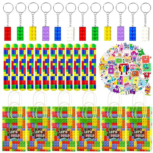 Gxhong 86 Stück Bauklötze Party Mitgebsel, Jungen Bausteine Party, 12 Geschenktüten, 12 Kinder Slap Armbänder, 12 Schlüsselanhänger Bausteine, 50 Aufkleber, Geburtstag Mitgebsel für DIY Blöcken Themen