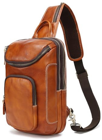 LANNSYNE Vintage Vollnarbenleder Sling Bag Crossbody Chest Daypack, gelb, Leather Sling Bag Fits 10.5 iPad, Leder-Tragetasche für 26,7 cm (10,5 Zoll) iPad