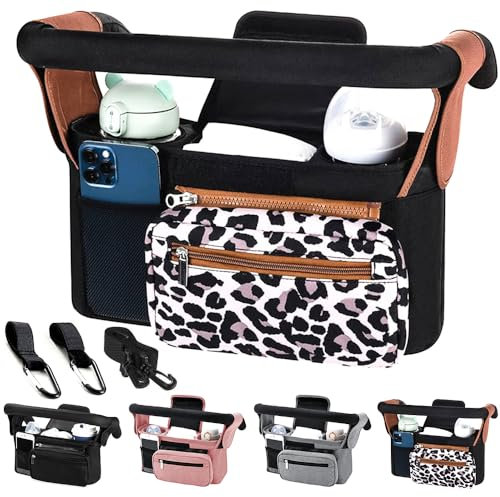 Tyuodna Kinderwagen Organizer Universal,Kinderwagen Tasche mit 2 Isolierten Becherhalter,Buggy Organizer,Kinderwagentaschen mit Schultergurt und Rutschfeste Sichere Haken (Leopardenmuster)