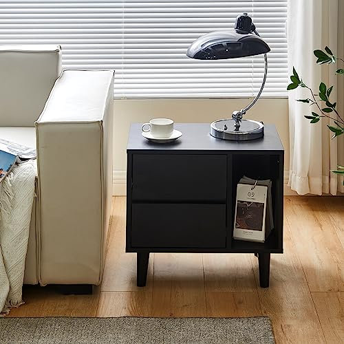 CLIPOP Nachttisch mit 2 Schubladen und Offenes Fach,Beistelltisch Freistehend Nachtschrank für Schlafzimmer Wohnzimmer,Schwarz
