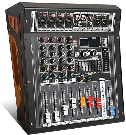 Audio Mixer 4 Channel, DJ Mixer Board, Built in stereo 4 ohm 2 * 300W amplifier module and 48V Phantom Power, Sounds Mixer Board with 99 DSP FX Reverb Delay Effect for Streaming