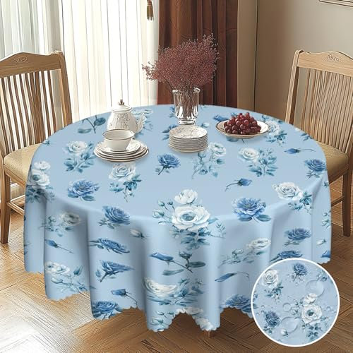 BSGIFT Runde Tischdecke mit Blumenmuster 150, Blau Blumen Gartentischdecke Rund Garten Tischdecken für Draußen Polyester Outdoor Abwaschbar Wetterfest Table Cloth für Küche Gartentisch Esstisch Party