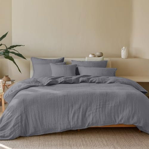 Dreamzie Musselin Bettwäsche 200x200 Baumwolle, Bettwäsche-Sets 1er Bettbezug mit 2 Kissenbezüge 80x80 cm, Oeko-Tex Bettwäsche Dunkelgrau mit Reißverschluss
