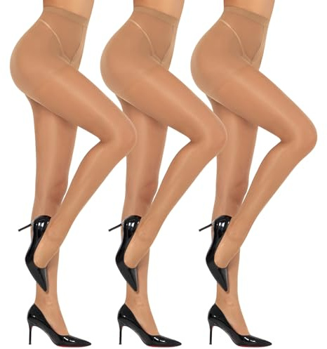 MANZI 3 Pairs Women's Ultra Sheer Tights Silky High Waist Pantyhose,20D | Transparent Glossy,Control Top,Reinforced Toes