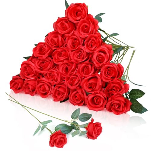 Lot de 30 roses artificielles rouges en soie avec longue tige réalistes à tige unique pour arrangements de mariage, centres de table, décoration de la maison