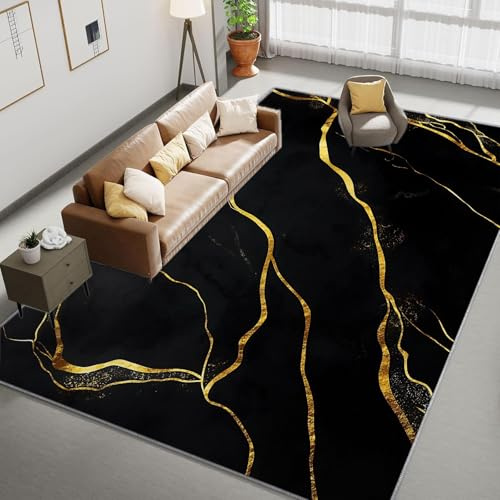 Waschbar Teppich 120 x 170 cm, Goldene Marmorlinien Druck Dekoration, Schwarz Und Gold Kurzflor Rechteck, rutschfest für Schlafzimmer und Wohnzimmer