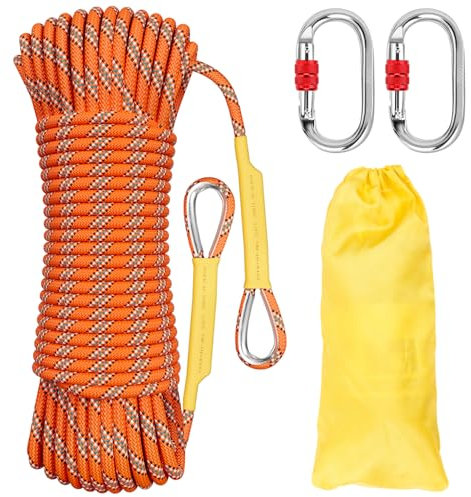 Aystkniet Outdoor-Seil 8mm mit 2 Stahlhaken Geflecht Nylon Seil für Wandern Baumfällung Outdoor Sport Camping Garten im Freien 10m 20m 30m 50m 70m (Orange, 10mm-30M)