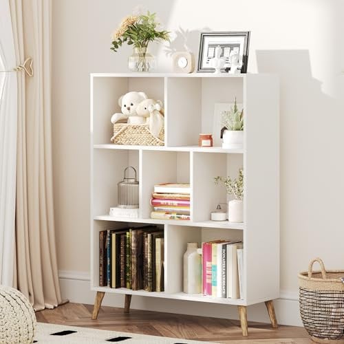 CAIYUN 7 Cube Bookshelf, 3 Tier Modern White Bookcase with Legs, 31 inch Wooden Book Shelf, Toy Storage Organizer, Floor Standing Display Cabinet Rack for Hoom Office, White