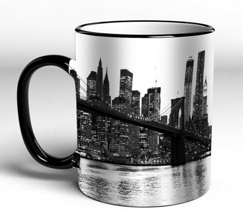 YOIUE Tasse aus Keramik - Große 11oz Tassen 330ml Kaffeetassen mit Henkel, 100% Handbemalt - Trinkgläser mit Griff - Weiß,Modern, Brooklyn Bridge Sonnenuntergang mit Manhattan amerikanischen New York