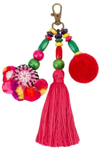 Beebeecraft Porte Clés Boho Pompon Rouge Sac Breloque Pompon Perle en Bois avec Fermoir Pivotant Pendentif Décoration Ornement Suspendu pour Femme Cadeau