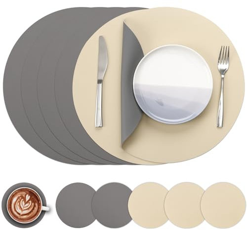 Myir JUN Round Table Placemats Set of 6 Faux Leather Place Mats and Coasters 15 inch Round Dual Sided Placemats Non-Slip Wipe Clean Stain Resistant (Gray Wheat,Set of 6)