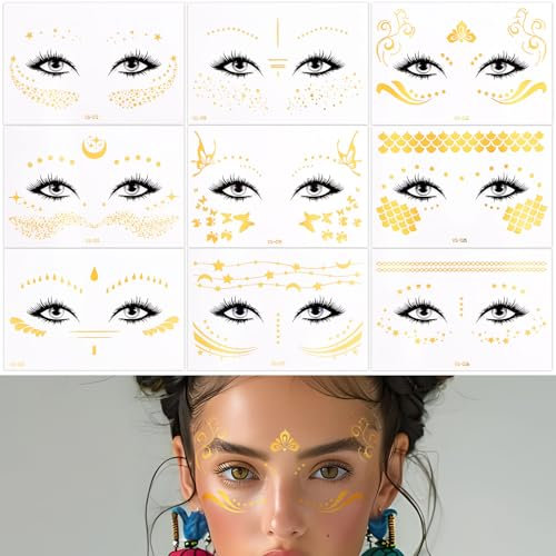 BETESSIN 9 Feuilles Visage Tatouages Éphémères Femme Paillettes Métallique Faux Tatouages Temporaires Femme 15x10,5cm pour Fête Festival Halloween Mariage Plage