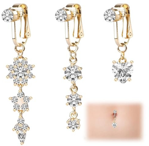 3 Stück Fake Bauchnabelpiercing, Fake Belly Button Piercing, Chirurgenstahl bauchnabelpiercing fake, Bauchnabelpiercing Clip, Kristallkugel Anhänger Sonnenform Nabel Piercing Schmuck für Frauen-Gold