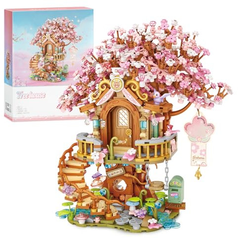 Finger Rock Casa de árbol de flores de cerezo, mini bloques de sujeción, 1149 piezas, jardín casa, flores bonsái, modelo decorativo creativo, regalo para adultos o adolescentes