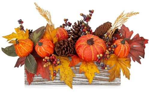 Autumn Decorations Pumpkins Centerpieces with Wooden Box for Table Decor | Autumn Pumpkins Arrangement with Artificial Maple Leaves, Berries, Pinecones for Thanksgiving Harvest Wedding Fall Decor