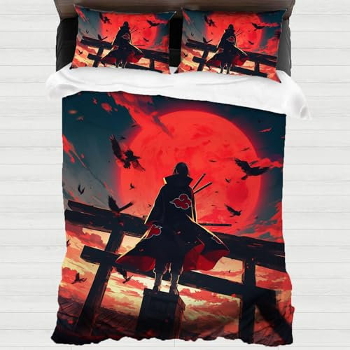 Anime Kinder Bettwäsche 135x200 Itachi Uchiha Mikrofaser 1 Bettbezüge und 2 Kissenbezug Akatsuki Bettwäsche-Sets Schlafzimmer dekorative Bettwaren-Sets (Rot)