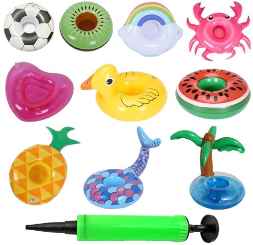 Drink Floats, Inflatable Cup Holder Set, Beverage Tray with Fun Cute Designs, Durable 10 Pack Poolside Spa Beach Lake Hot Tub parties Bar Accessories for Summer Gatherings