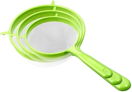 Lot de 3 tamis à farine verte avec long manche, passoire à farine en plastique à suspendre - Filtre à café en maille fine - Passoire à café - Passoire à thé