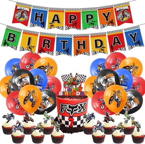 36PCS Motocross Thema Geburtstag Party Dekoration, Motorrad-Thema Ballon-Set, alles Gute zum Geburtstag Banner Geburtstagstorte Dekoration, DIY Kuchen Geburtstagsparty, Party-Dekoration