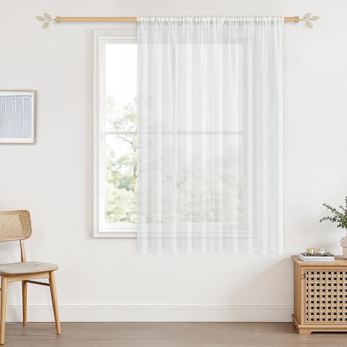 CUTEWIND Gardinen Weiß Transparent Kurz 120x200cm (HxB) 1er Set, Vorhänge Weiss mit Stangendurchzug Extra Breit Boho Leinenoptik für Wohnzimmer Schlafzimmer Küche und Kinderzimmer