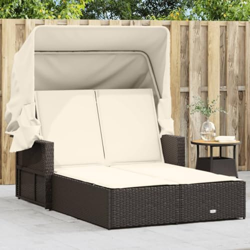 Ziaphsol Doppel-Sonnenliege mit Dach und Auflagen, Braun Poly Rattan, 110x201cm, verstellbar, UV-beständig, für Garten Terrasse Pool