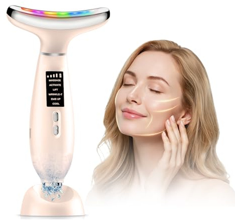 Gesichtsmassagegerät, EMS Gerät Gesicht gegen Falten, Face Massager mit 5°C Kühlung & 45°C Wärme, 6 Modi, 7 Farben LED Lichttherapie, Face Lifting Gerät für Gesicht & Hals Straffen - Rosa