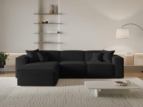 GRAINGOLD Arizona Ecksofa 265x180 cm, L-Form Sofa, Ecksofa für Wohnzimmer, Velour-Stoff, 3-Sitzer Eckcouch, Modernes Design (Schwarz, Links)