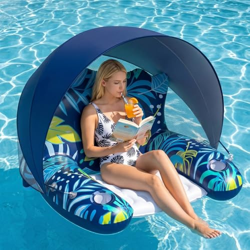 Schwimmring Erwachsene, Shyllin Schwimmreifen Erwachsene Mit Sonnendach, Schwimminsel, Luftmatratze Pool, Sofa Aufblasbar, Wasserhängematte, Tanning Pool, Strand, See-Lounge(Blau)
