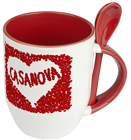 digital print Löffeltasse mit Namen Casanova - Motiv Rosenherz - Namenstasse, Kaffeebecher, Mug, Becher, Kaffeetasse - Farbe Rot