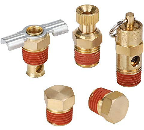 Hromee 5 Piece 1/4 Inch Compressor Air Tank Port Fittings Drain Valve Kit with Solid Brass Hex Head Plugs Winged Style and Twist Style Petcock 140 PSI Safety Valve