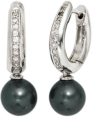 Jobo Damen-Creolen aus 925 Sterling Silber mit dunklen synthetischen Perlen und Zirkonia