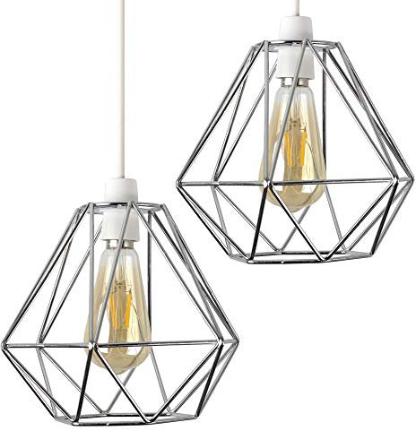 MiniSun | Retro Style Chrome Basket Ceiling Light Shades | Pendant Lights, Home Décor & Improvement Essential | Set of 2 | Includes 4W LED Bulbs [2700K Warm White] | 235mm Shade Width