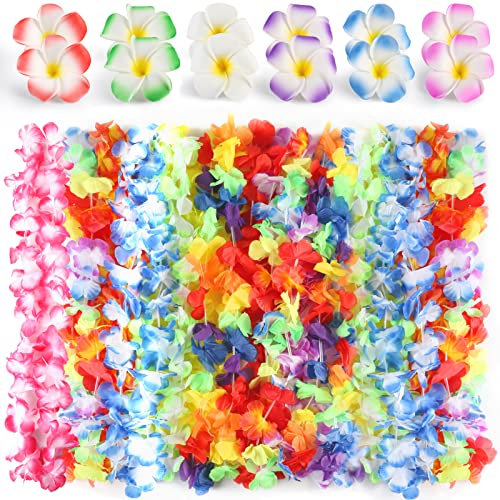 HOWAF 18 Stücke Hawaii Blumenketten Bunt Hawaiikette und 12 Hawaii Plumeria Blume Haarspangen Haarschmuck Set für Hawaii Aloha Tropische Tiki Luau Sommer Beach Party Deko Zubehör